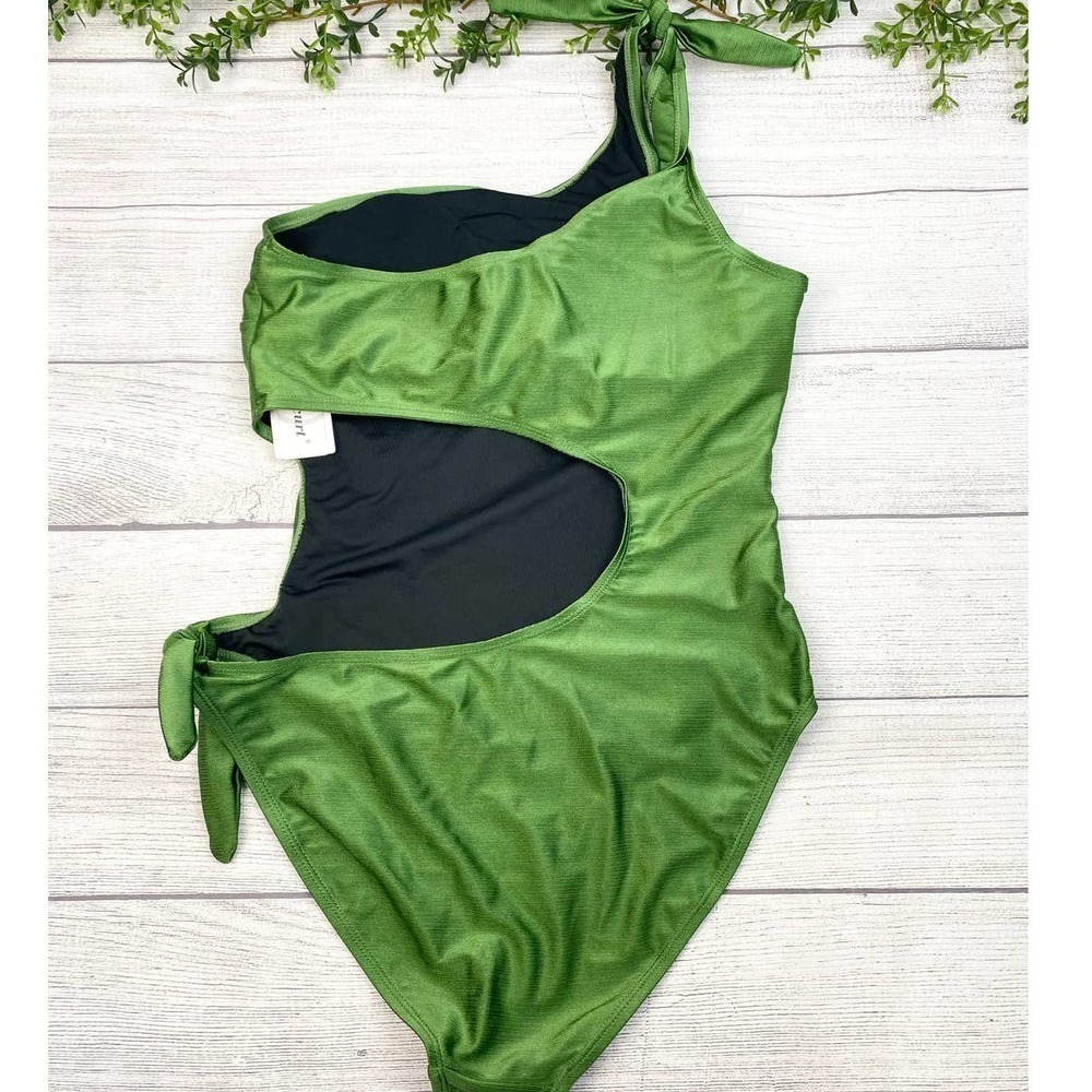NEW Halcurt One-shoulder Side Cut Out Green One Piece Swimwear Bathing Suit  XL - Picture 3 of 6